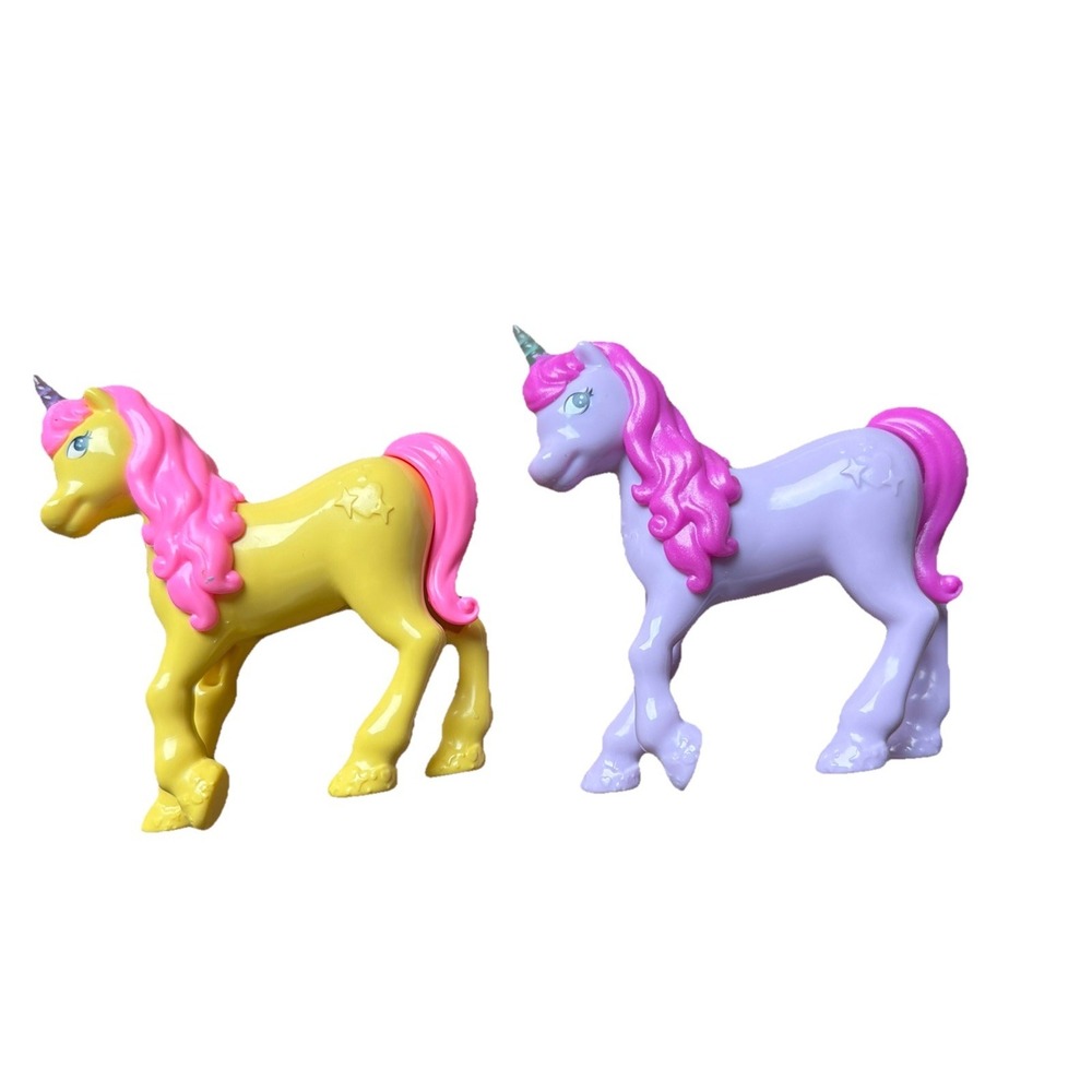 Vintage Unicorn Toy Figures Set of 2 Yellow Purple Pink Mane Glitter Horn 3 inch